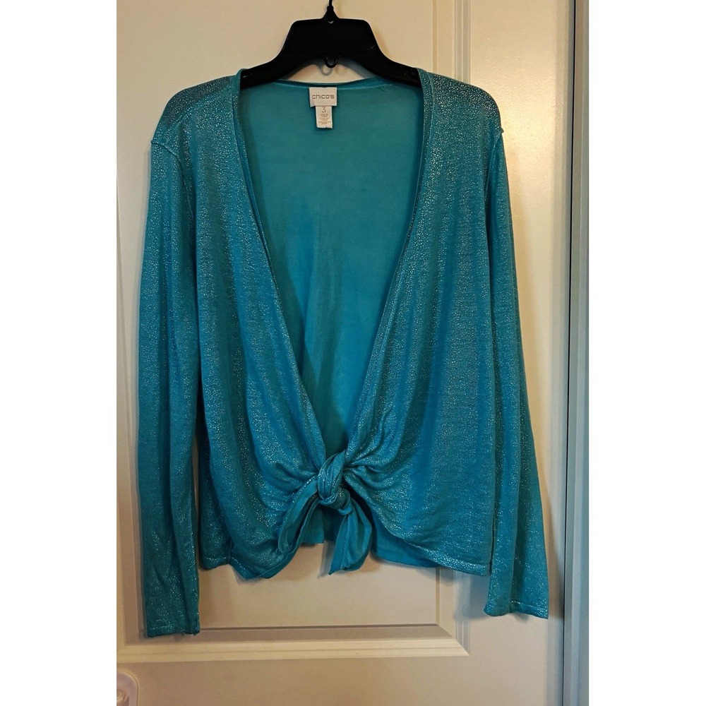Chico's Womens Aqua Teal Glitter Knit Tie Front V-Neck Cardigan XL Lightweight